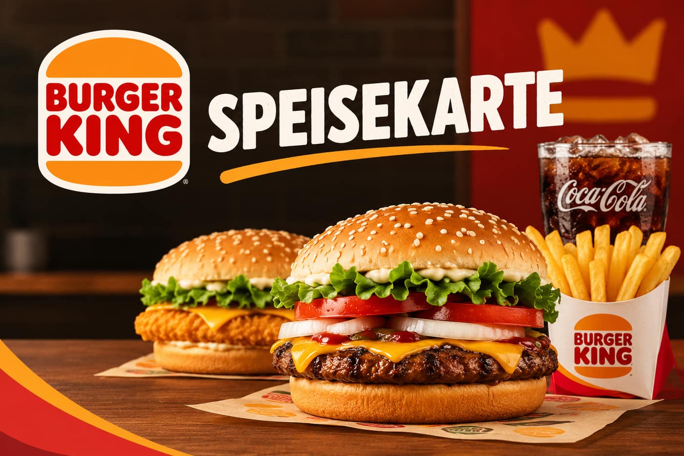 Burger King Speisekarte: Whopper und Crispy Chicken Burger mit Salat, Tomate und Zwiebeln neben King Pommes und einer Coca-Cola