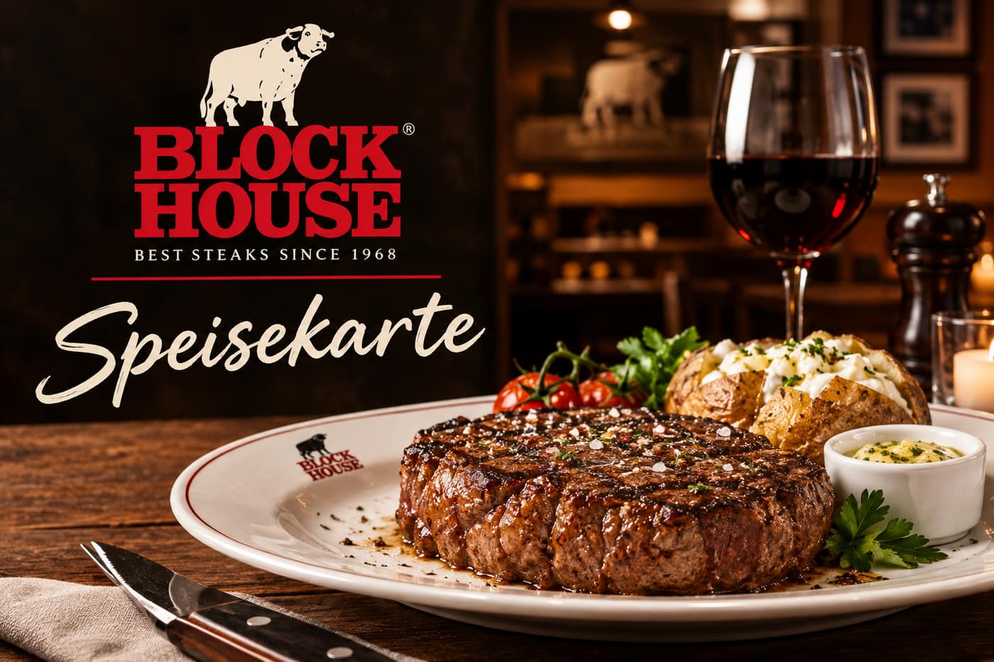 BLOCK HOUSE Speisekarte: gegrilltes Steak mit Baked Potato, Kräuterbutter und einem Glas Rotwein