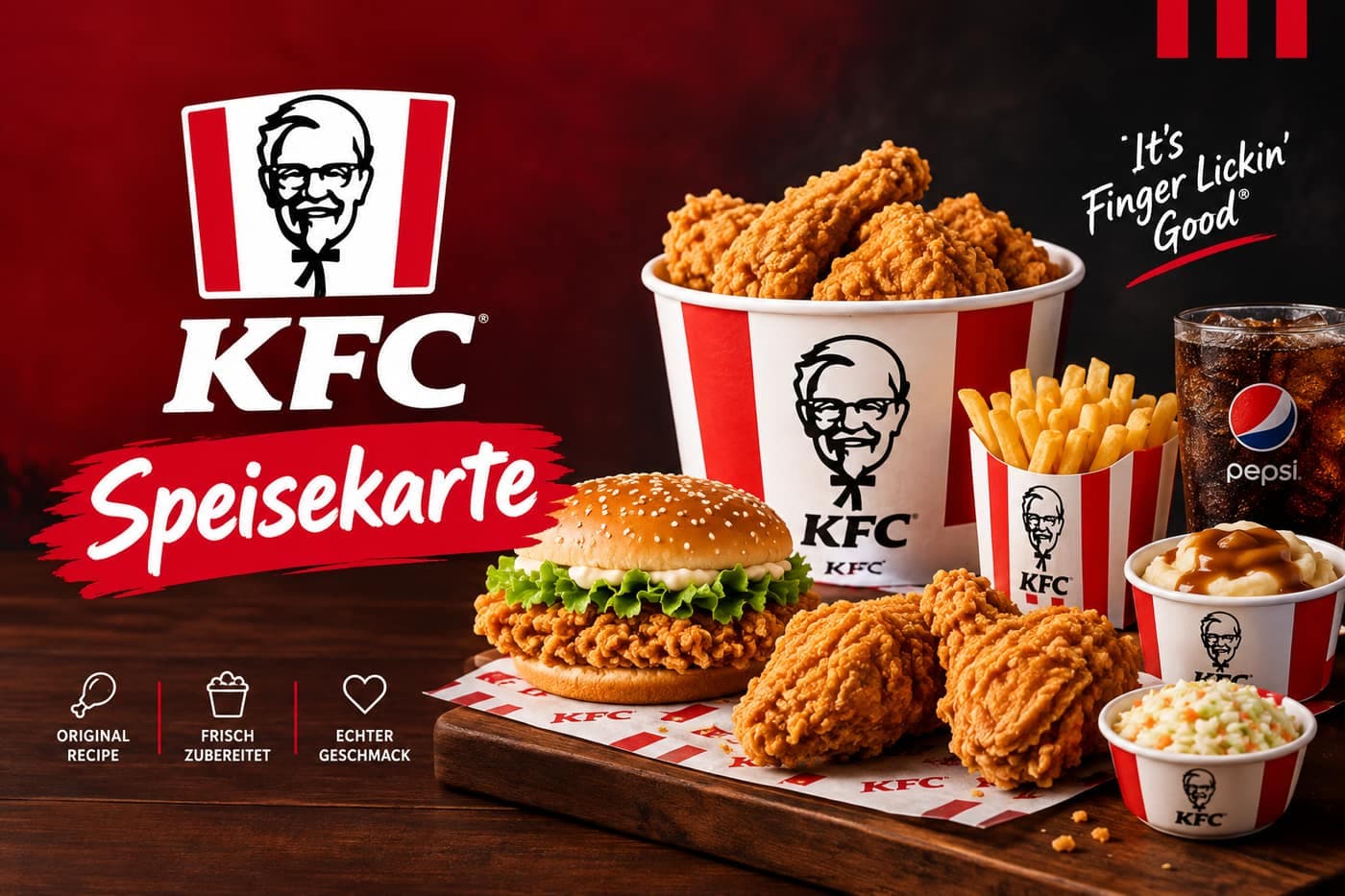 KFC Speisekarte: Chicken Bucket mit Hot Wings, Zinger Burger, Pommes Frites, Coleslaw und Kartoffelpüree mit Gravy neben einem Pepsi-Getränk